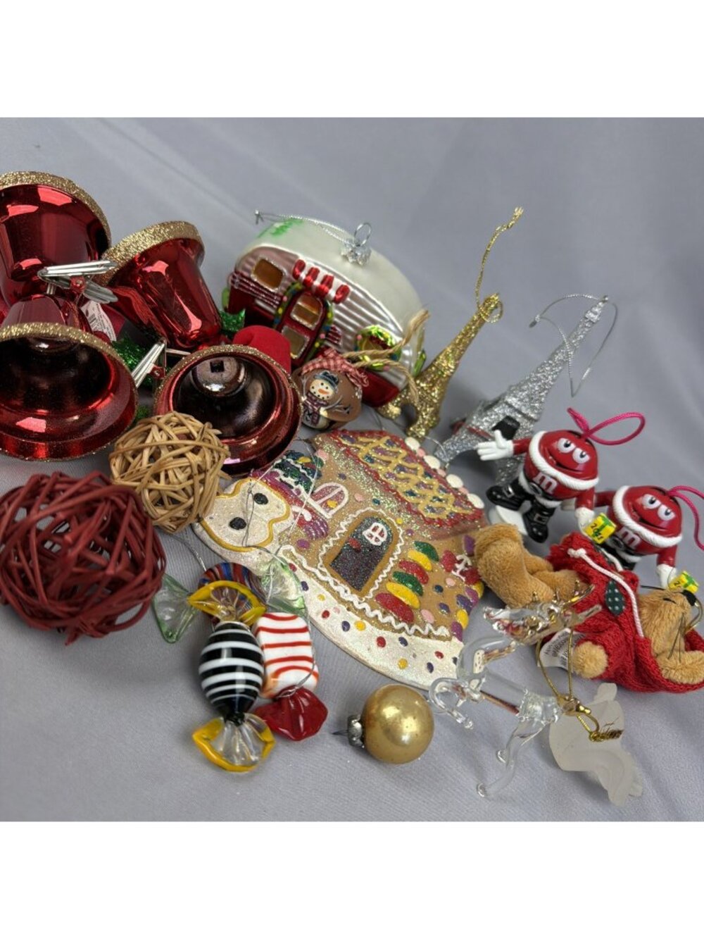 Mixed Lot 18 Vintage Christmas Tree Ornaments Glass Dough M&M's Jointed Bear